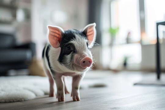 mini pig pet in scandinavian interior living room on the floor  at home. Adorable piggy. 