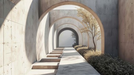 minimal beige concrete natural mineral stone arches 3d rendering architecture with single tree. Corridor luxury hotel, gallery or museum lit with sun. Arch frame.