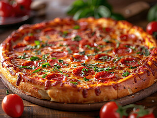 Chicago deep dish pizza arrange on the table. Delicious Chicago-style pizza photography, explosion...