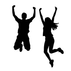 Silhouettes of man and woman jumping