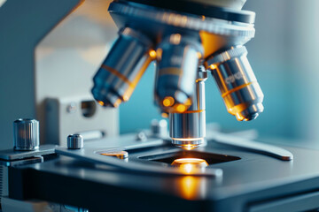 A close-up shot reveals a microscope with a metal lens in a laboratory setting. The lens gleams under the light, showcasing intricate details of its construction. Surrounding equipment suggests 
