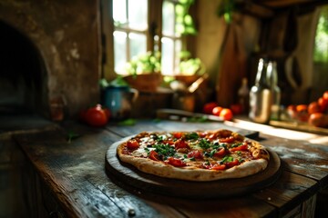 cooking pizza with tomatoes process in rustic italian traditional restaurant kitchen in cabin 