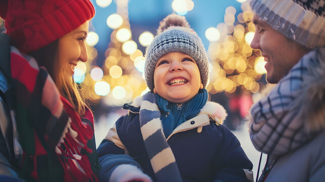 A heartwarming family moment as a child, wrapped in winter warmth, laughs with his parents against a backdrop of festive lights.
