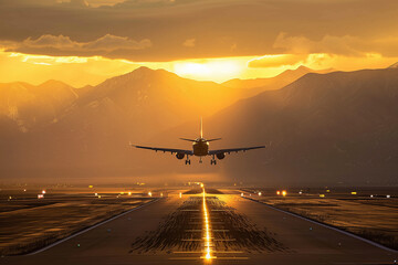 Airplane taking off during the golden hour, as the warm colors of the sunset illuminate the scene.