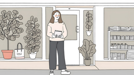 A modern, stylish illustration of a young woman shopping in a chic boutique with a minimalist and inviting design.

