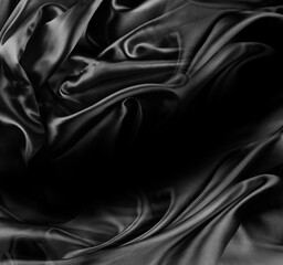 Rippled black silk satin fabric