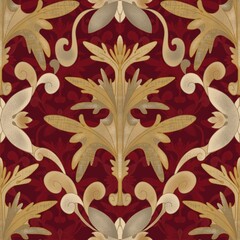 Seamless pattern in Baroque style with stylized accanth leaves on a burgundy background, radial symmetry. Suitable for interior, wallpaper, fabrics, clothing, stationery.