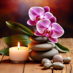 spa still life setting with stones, candles, and orchid flowers