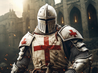 Templar knight wearing an armor with a red christian cross on it, medieval times with an army, castle village or town background, crusader hd 