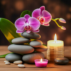 spa still life with tranquil setting with stones, candles, and orchid flowers