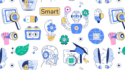 A doodle seamless pattern with core elements of ai development and future technology 