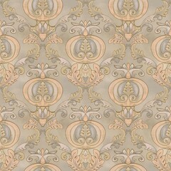 Seamless pattern in baroque style with stylized tomatoes and accanthus leaves on a light beige pastel background. Suitable for interior, wallpaper, fabrics, clothing, stationery.