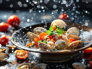 Delicious clam chowder photography, explosion flavors, studio lighting, studio background, well-lit, vibrant colors, sharp-focus, high-quality, artistic, unique, - obrazy, fototapety, plakaty