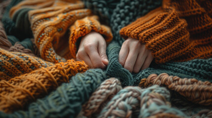 A crafter's hand picking through cozy, chunky knit fabrics in warm shades of rust, mustard, and forest green, evoking a sense of comfort and warmth for winter creations