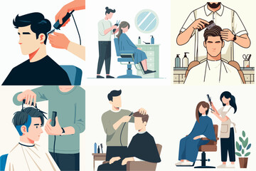 Vector set of people shaving their hair in a flat design style