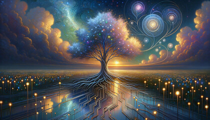 Surreal integrated circuit tree in twilight landscape