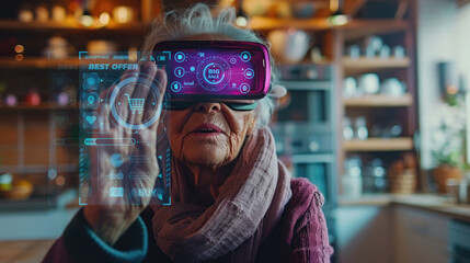 Portrait of an elderly woman wearing vibrant purple virtual reality glasses, standing in her warm, rustic kitchen filled with smart devices She looks into the camera with a shopping online technology