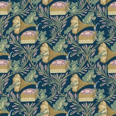 Seamless pattern with frogs, cattails and gramophone on a blue background, handmade style. Suitable for interior, wallpaper, fabrics, clothing, stationery.