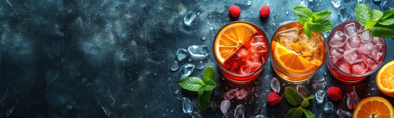 top view a colorful selection of citrus-infused beverages with ice, garnished with fresh mint and raspberries on a textured blue surface