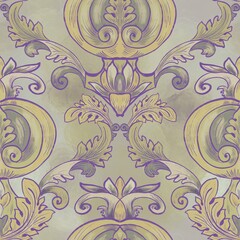 Seamless pattern in baroque style with stylized tomatoes and accanthus leaves on a yellow-gray pastel background. Suitable for interior, wallpaper, fabrics, clothing, stationery.