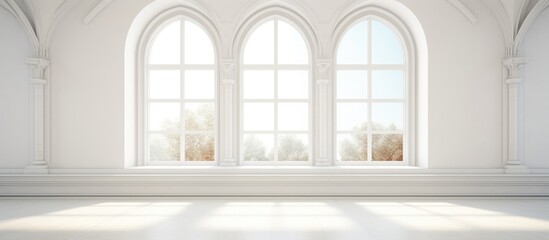 Fototapeta premium An empty room with white walls and a high ceiling. The focal point is a large arched window, allowing natural light to flood the space. The room is devoid of any furniture or objects.