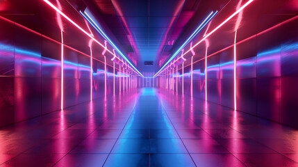 Corridor interior design with neon illumination. Abstraction, space, neon corridor. neon lighting,3d rendering. Abstract background of a circular tunnel made of blue-pink neon stripes and ascending 