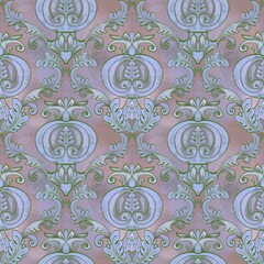 Seamless pattern in baroque style with stylized tomatoes and accantha leaves on a purple pastel background. Suitable for interior, wallpaper, fabrics, clothing, stationery.
