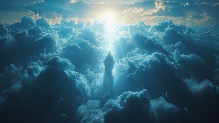 Resurrected Jesus ascends, divine realm.generative ai