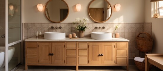 A cozy bathroom featuring two sinks with natural wood vanities, patterned tile floor, tiled backsplash, and circular mirrors with lights mounted above them.