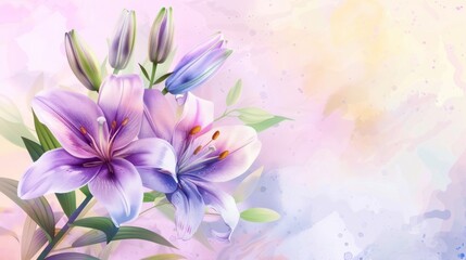 Elegant purple lily flower with watercolor style, copy space background and invitation wedding card