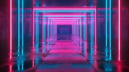 Corridor interior design with neon illumination. Abstraction, space, neon corridor. neon lighting,3d rendering. Abstract background of a circular tunnel made of blue-pink neon stripes and ascending 