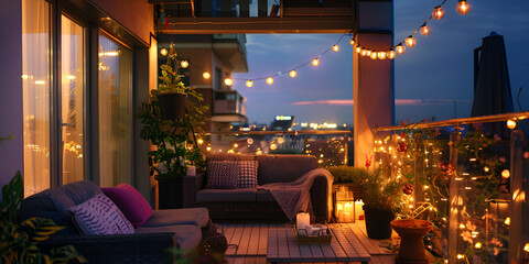 View over cozy outdoor terrace with outdoor string lights Autumn evening on the roof terrace beautiful wallpaper background