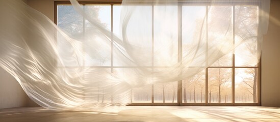 A room featuring sheer curtains gently swaying in the breeze, revealing a view of the outside through a large window.