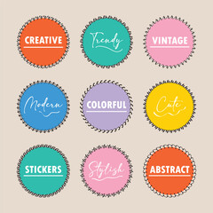 Trendy assorted colorful creative round stickers emblems icons with different black pattern borders and strokes design elements set on beige background