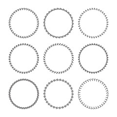 Black assorted creative round empty and blank emblems icons with different curvy doodle pattern borders and strokes design elements set on white background