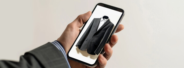 A mobile phone displaying An instagram profile with formal suit product shop, advertising style,generative ai