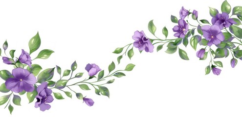 Watercolor violet floral and green leaves with copy space white background. AI generated