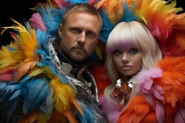 Colorful feather boas in a vibrant fashion shoot creating an air of mystery and style