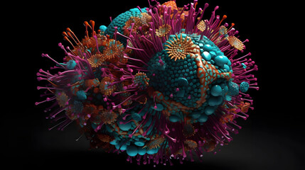 A 3D rendering of colorful virus particles that cause diseases
