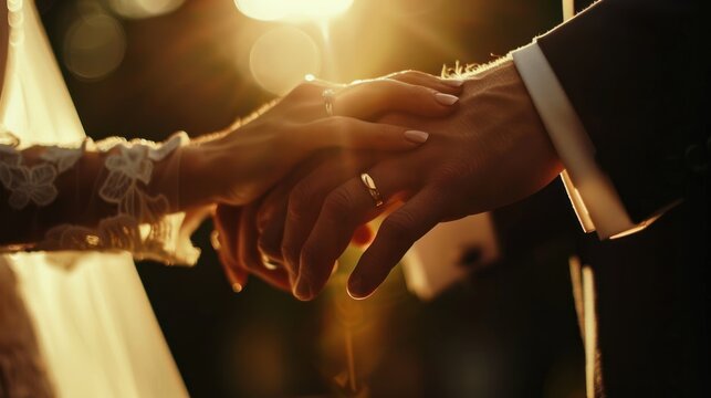 Close up wedding couple with rings on their fingers. AI generated image