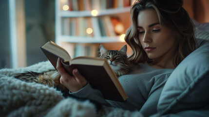 Woman reading with cat by window. - obrazy, fototapety, plakaty