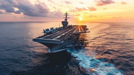 Aerial drone photo of latest technology nuclear powered aircraft carrier anchored in deep blue open ocean sea. - obrazy, fototapety, plakaty
