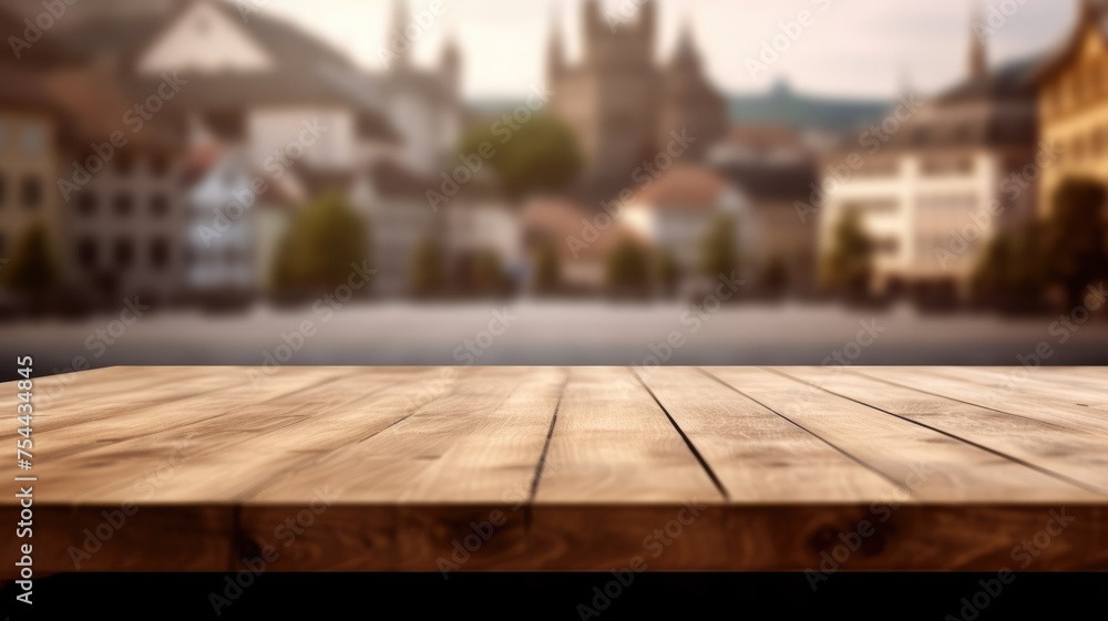 Poster the empty wooden table top with blur background of town square. exuberant image. generative ai