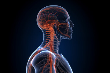 3D rendered illustration depicting human anatomy, focusing on the shoulder and body X-ray-inspired medical image showcasing spine, skeleton, and various body parts Blue-toned with emphasis on health, 