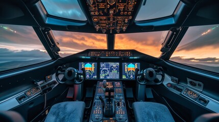 Interior of business jet cockpit Airplane flying above tropical sunset - obrazy, fototapety, plakaty