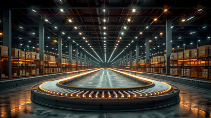 Fototapeta na wymiar Warehouse fulfillment center with seamless conveyor transport of packages ,generative ai