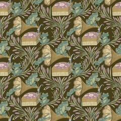 Seamless pattern with frogs, cattails and gramophone on a brown background, handmade style. Suitable for interior, wallpaper, fabrics, clothing, stationery.