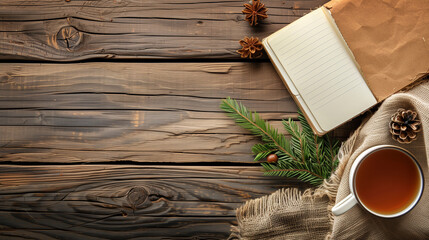 Capture the Essence of Tranquility with a Vintage Wooden Background, Accompanied by a Notebook and a Delightful Cup of Tea
