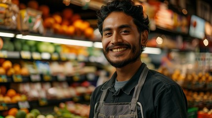 Portrait of a supermarket clerk offering assistance in multiple languages to accommodate diverse...
