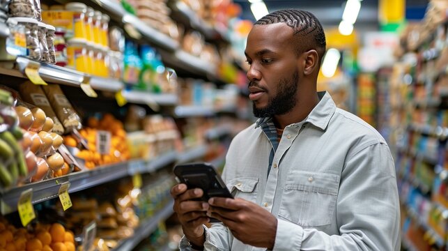 A supermarket clerk using a handheld device to check inventory levels in the store, supermarket clerk